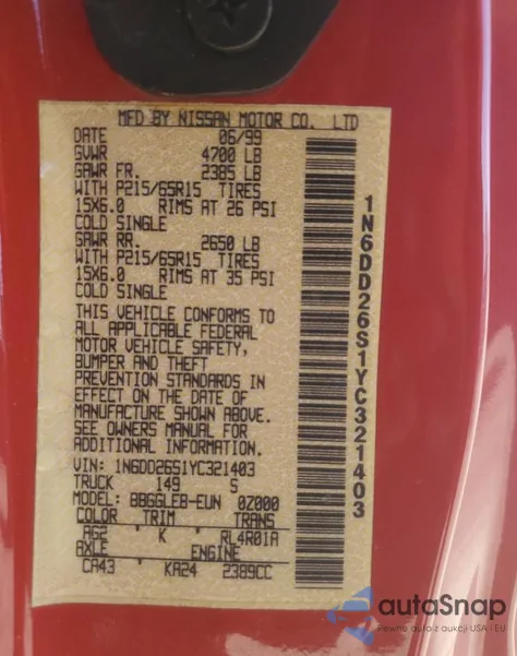 2000 Nissan Frontier King Cab Xe z USA, uszkodzony, nr VIN 1N6DD26S1YC321403